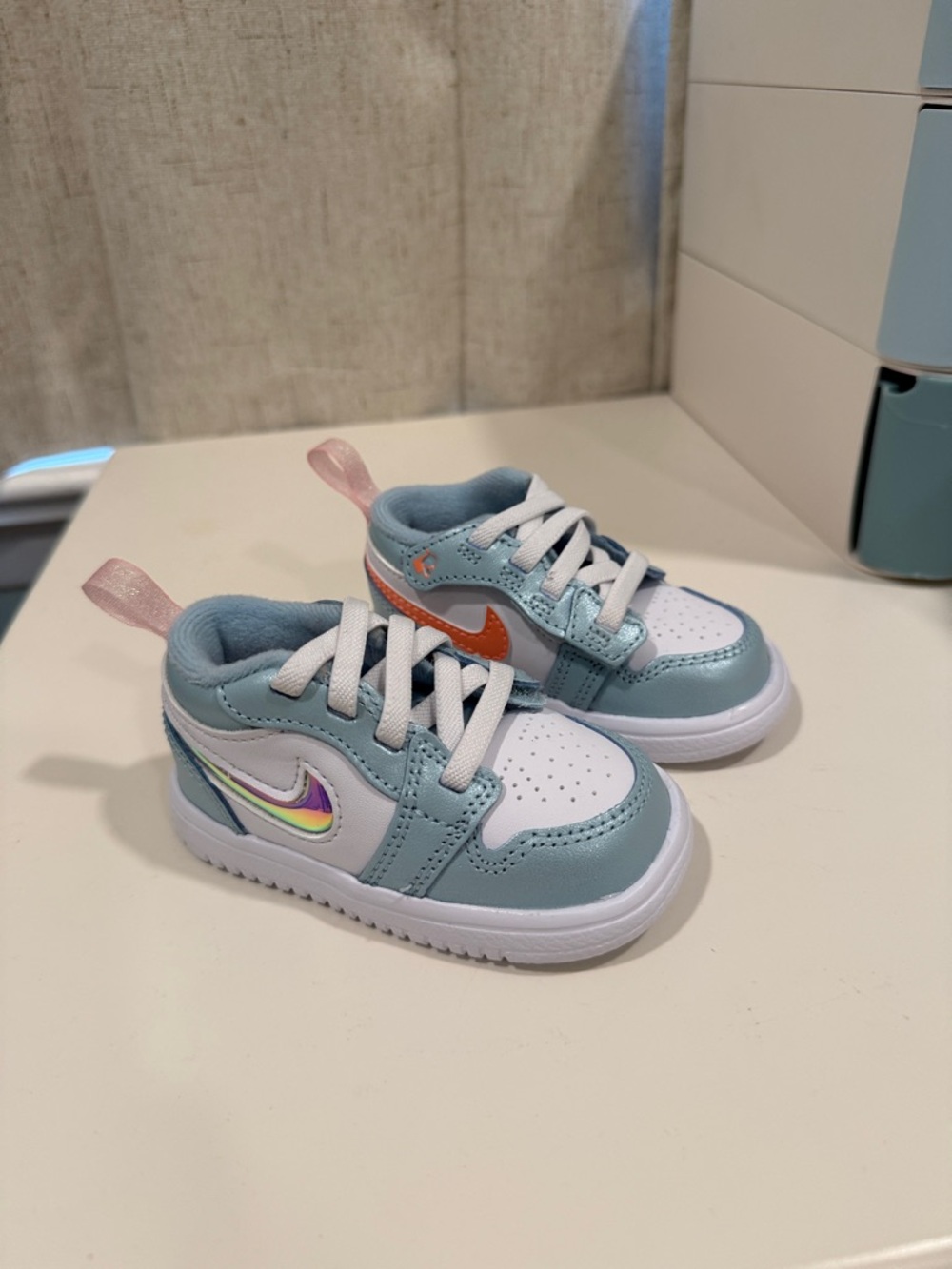 Nike Baby Jordan Sneakers in Light Blue, White & Orange Accent